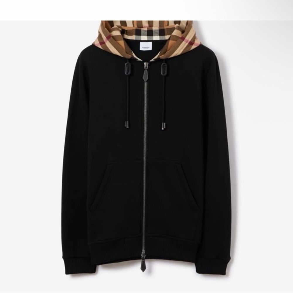 Burberry Black Zip Front Hoodie with Beige Check Hood Lining all sizes